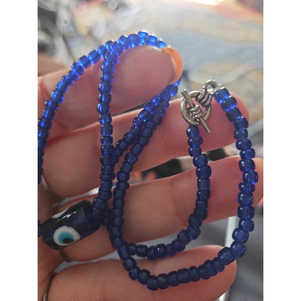 Vintage 15" Necklaces Evil Eye Beads Glass Blue Choker